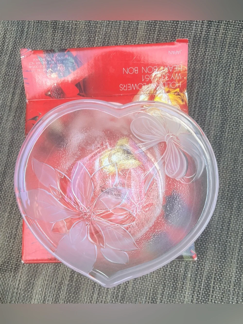 Vintage Heart Shaped Frosted Glass Trinket Jewelry Dish Floral Japan
